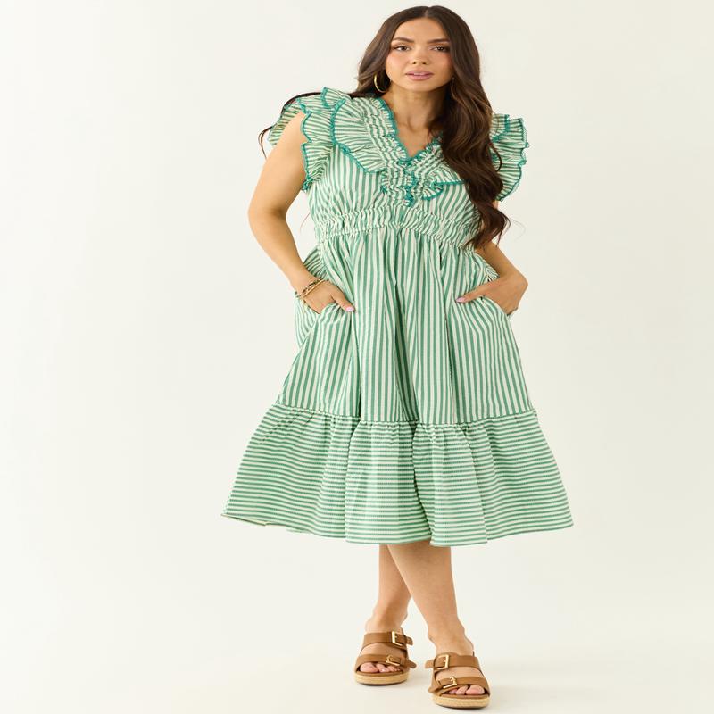 Pine and Mint Striped Ruffle Cap Sleeve Midi Dress