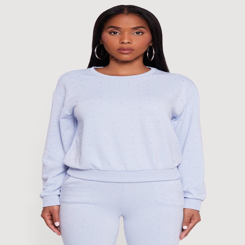 Rhinestone Studded Long Sleeve Pullover Sweatshirt