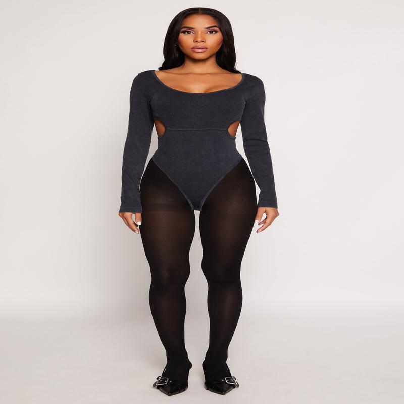 Ribbed Knit Acid Wash Cut Out Bodysuit