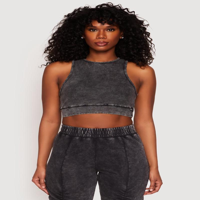 Ribbed Knit Acid Wash Racerback Crop Top