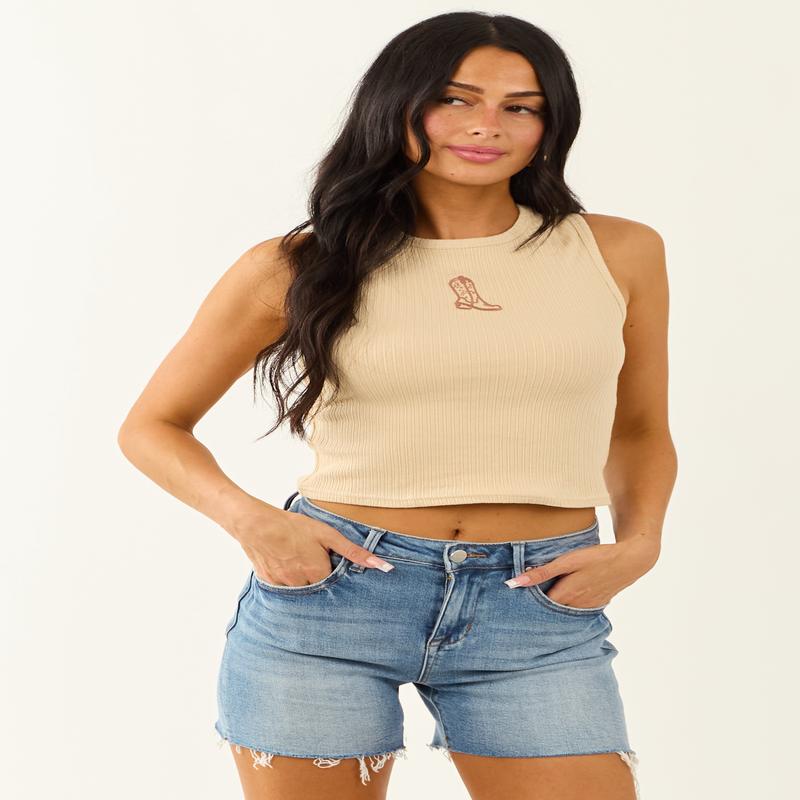 Sand Western Embroidered Cotton Knit Tank Top