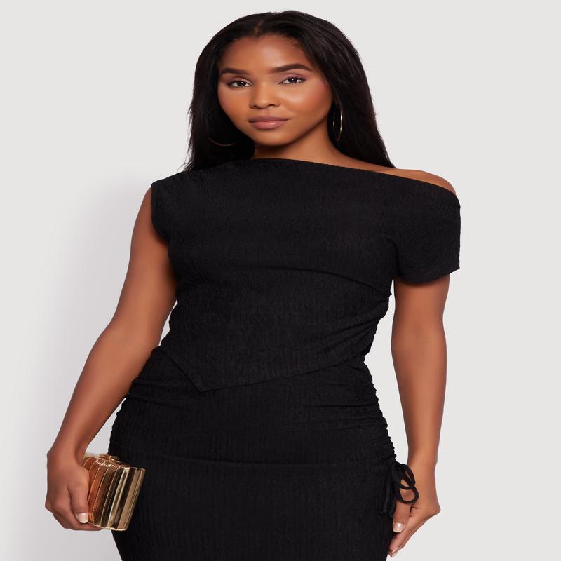 Trendy Solid One Shoulder Textured Knit Blouse