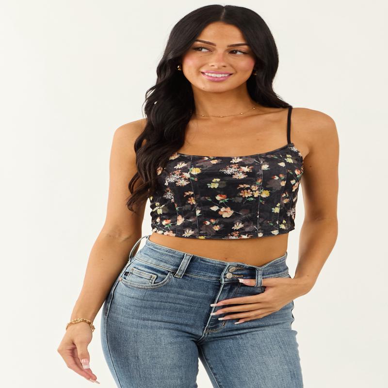Black Floral Print Velvet Cropped Tank Top