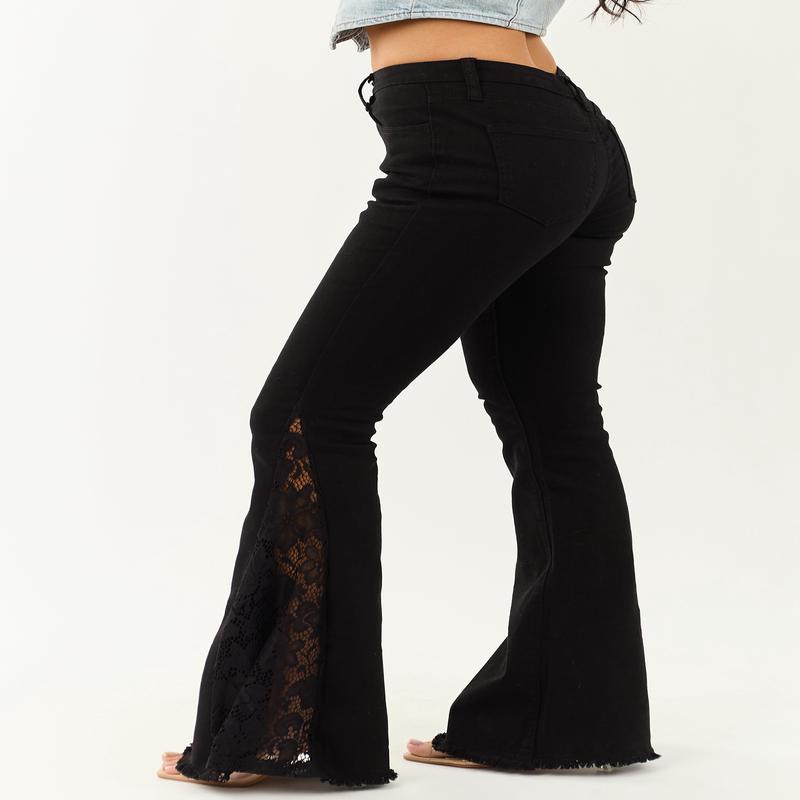 Black Lace Contrast Stretchy Flare Leg Jeans