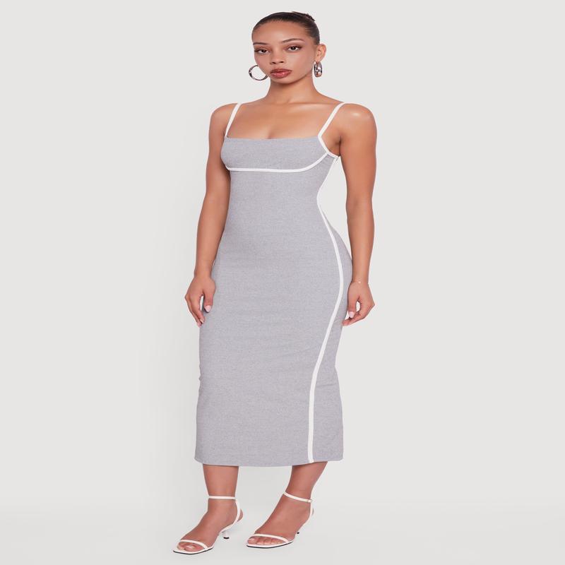 Contrast Trim Square Neck Slit Back Maxi Dress