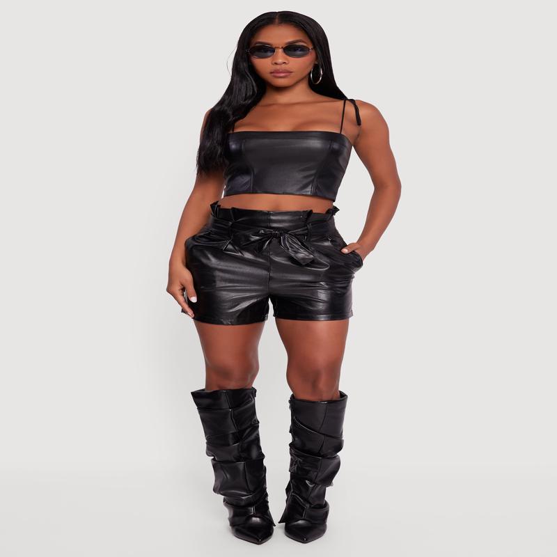 Faux Leather Paper Bag Waist Shorts with Tie Waist Belt