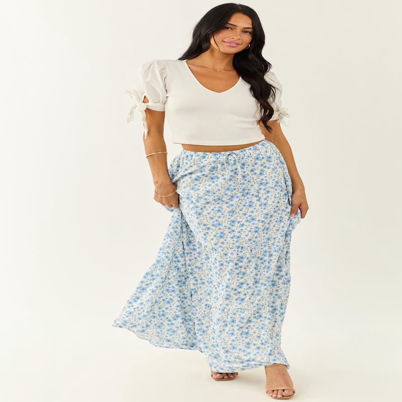 Ivory Floral Print Tiered Flowy Maxi Skirt