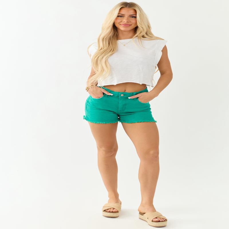 Jungle Green Acid Wash Stretchy Jean Shorts