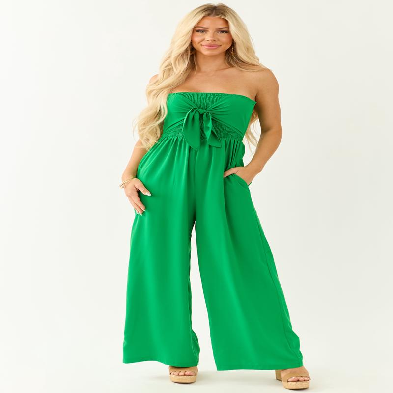 Kelly Green Strapless Wide Leg Front Tie Jumpsuit
