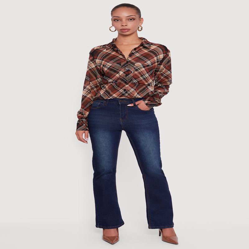 Long Sleeve Plaid Button Front Shirt