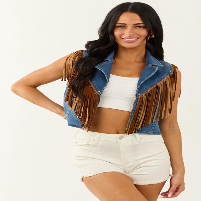 Medium Wash Stretchy Denim Fringe Zip Up Vest
