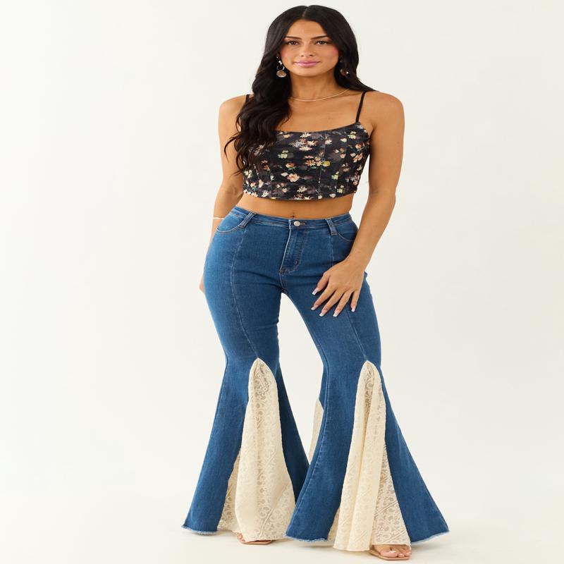 Medium Wash Super Flare Lace Hem Stretchy Jeans
