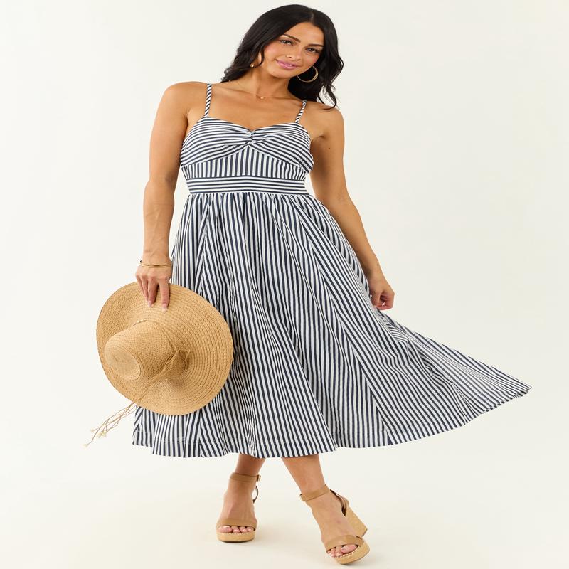 Off White and Navy Striped Sweetheart Midi Dress