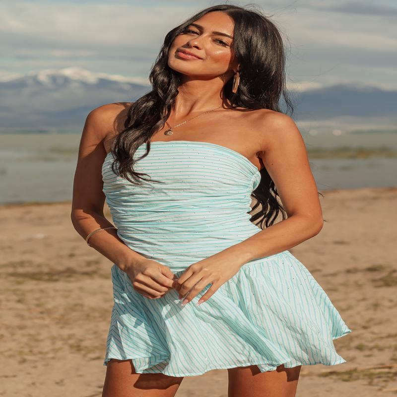 Off White Striped Rhinestone Strapless Mini Dress