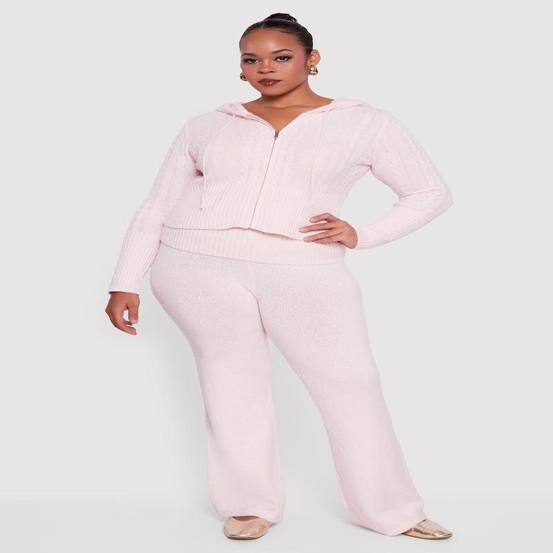Plus Size Almost Famous Brushed Knit Fold Over Flare Pants
