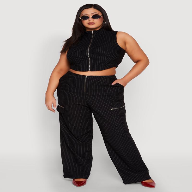 Plus Size Pinstripe Zip Cargo Dress Pants