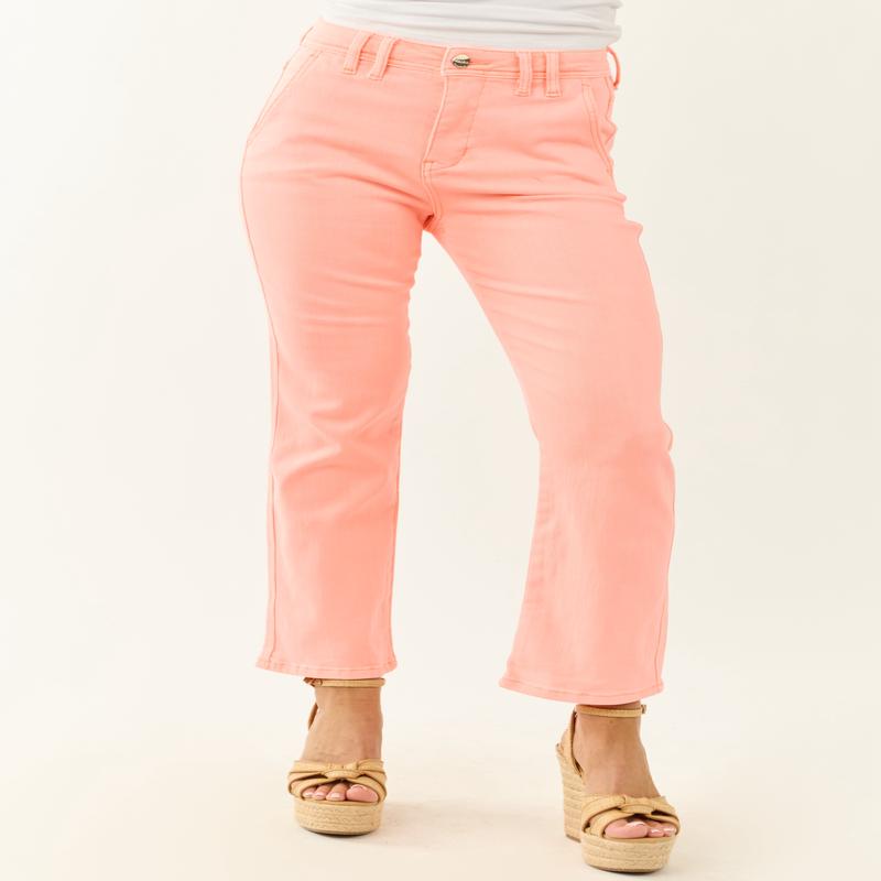 Risen Neon Coral Straight Tummy Control Stretchy Jeans