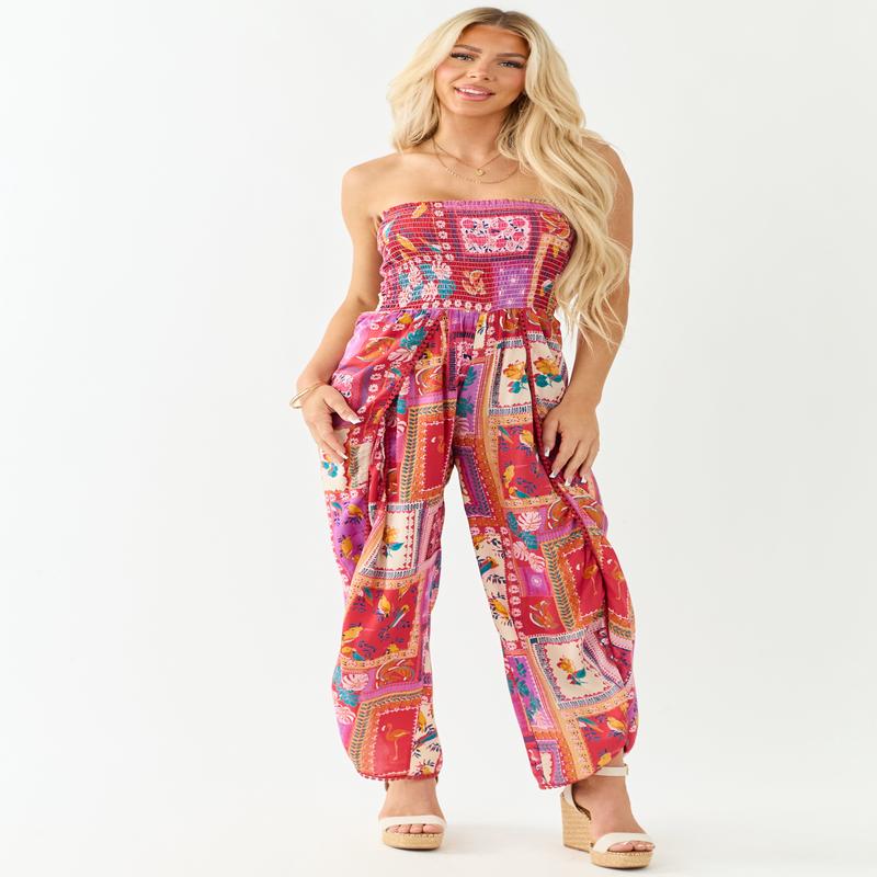 Ruby Abstract Print Strapless Side Slit Jumpsuit