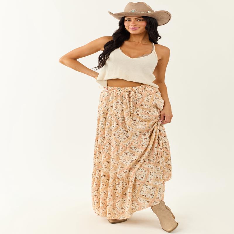 Vanilla Floral Print Flowy Tiered Maxi Skirt