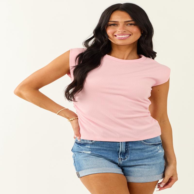 Baby Pink Terry Rib Knit Ruched Side Tank Top