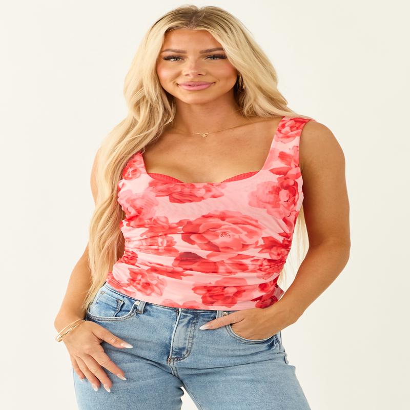 Blush Floral Print Cowl Neck Mesh Tank Top