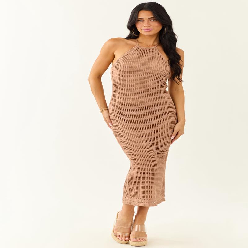 Cognac Open Knit Bodycon Halter Neck Midi Dress