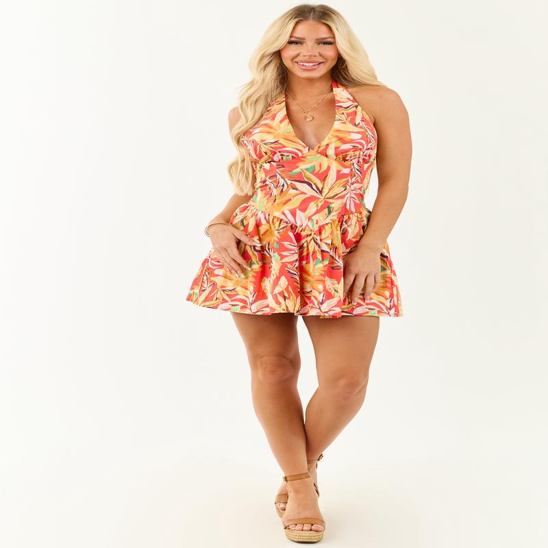 Crimson Tropical Floral Halter Cotton Mini Dress