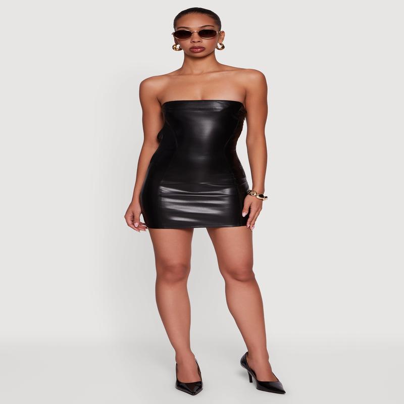 Faux Leather Keyhole Back Mini Tube Dress