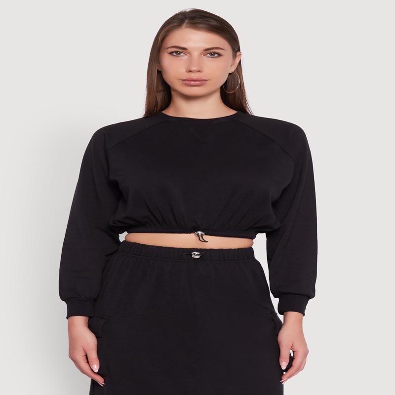 Fleece High Neck Bishop Sleeve Crop Sweatshirt