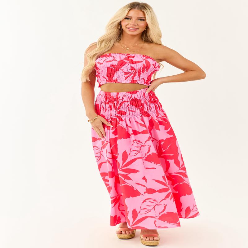 Flying Tomato Crimson Floral Top and Maxi Skirt Set