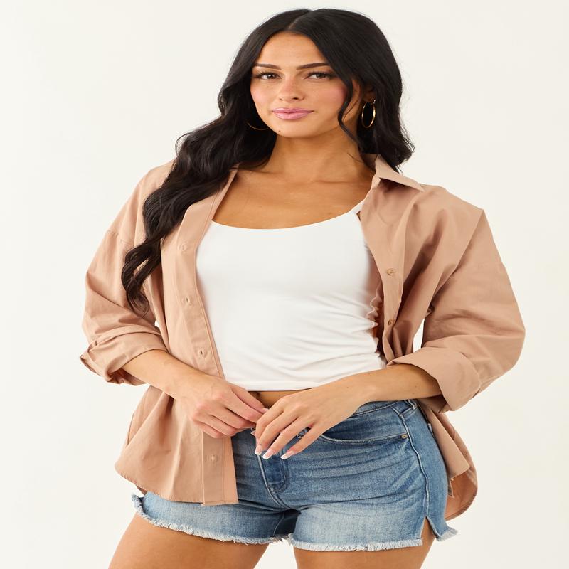 Latte Collared Button Down Cotton Long Sleeve Top