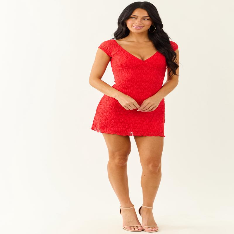 Lipstick Lace Cap Sleeve V Neck Mini Dress