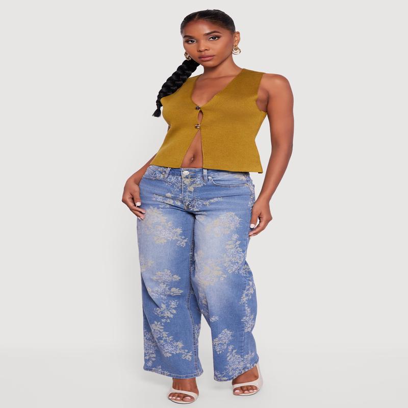 Metallic Button Front Split Hem Sweater Vest