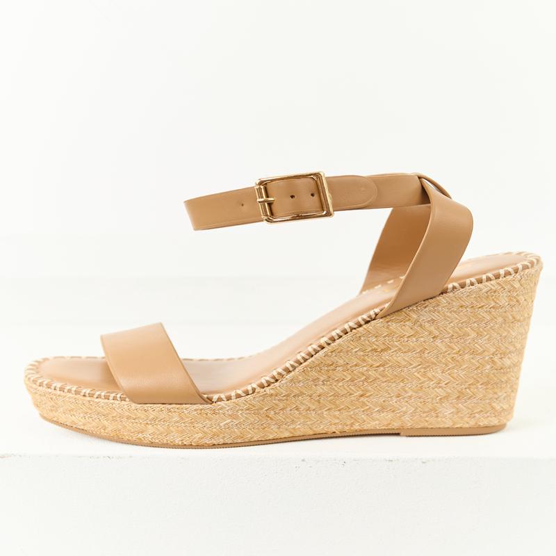 Peanut Open Toed Ankle Strap Raffia Platform Wedges