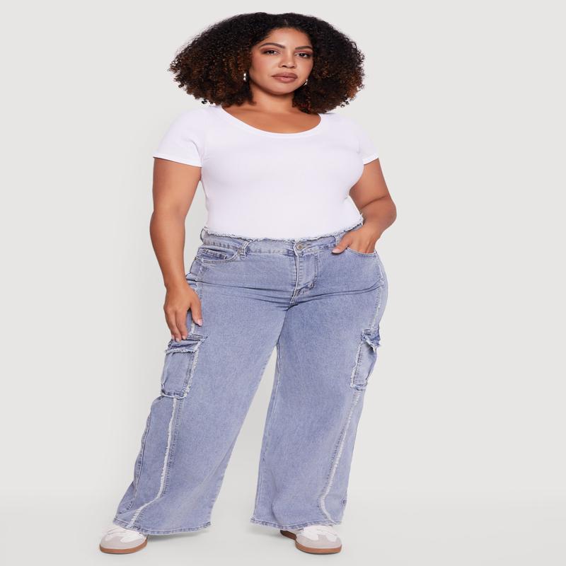 Plus Size High Waisted Frayed Pintuck Acid Wash Jeans