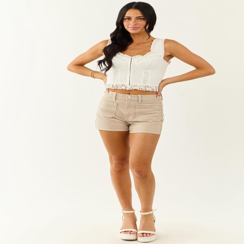 Sand High Waisted Patch Pocket Denim Shorts