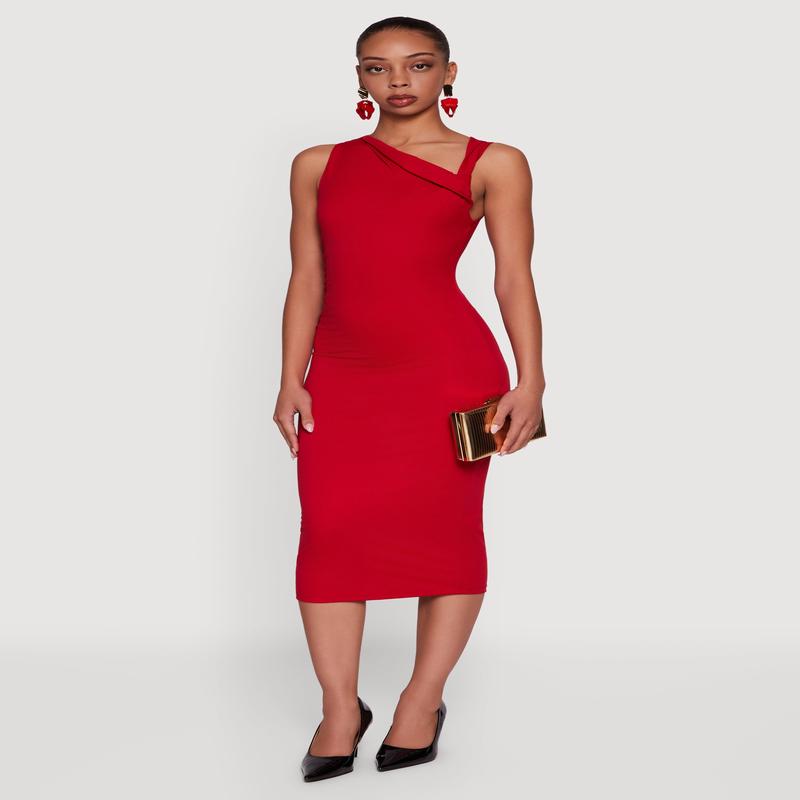 Side Ruched Asymmetrical Neck Sleeveless Midi Dress