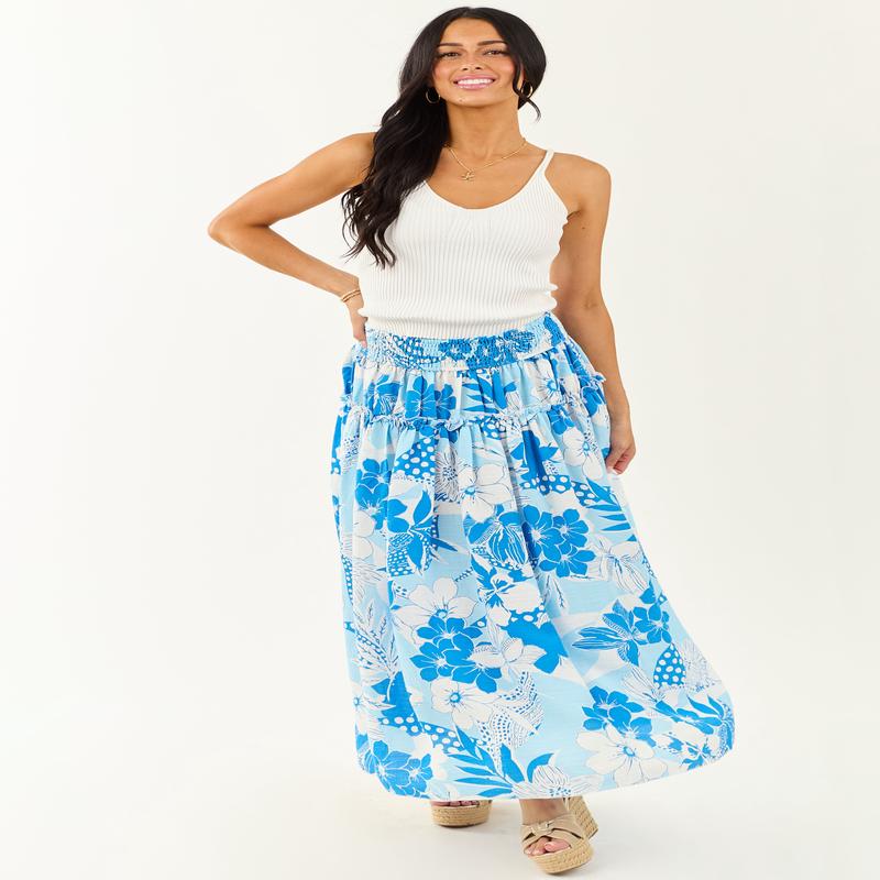 Sky Blue Vacation Print Smocked Maxi Skirt