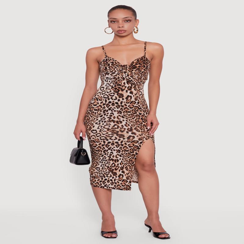 Sleeveless Leopard Print Midi Dress with Tie Front