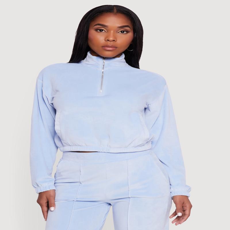 Velour Half Zip Cropped Pullover Sweatshirt