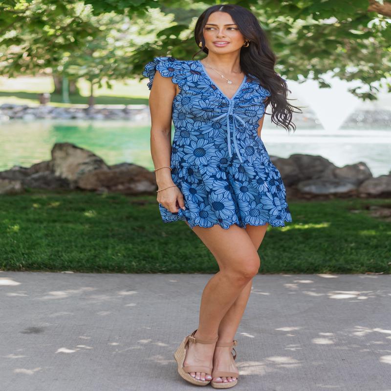 Dusty Blue Embroidered Flower V Neck Mini Dress