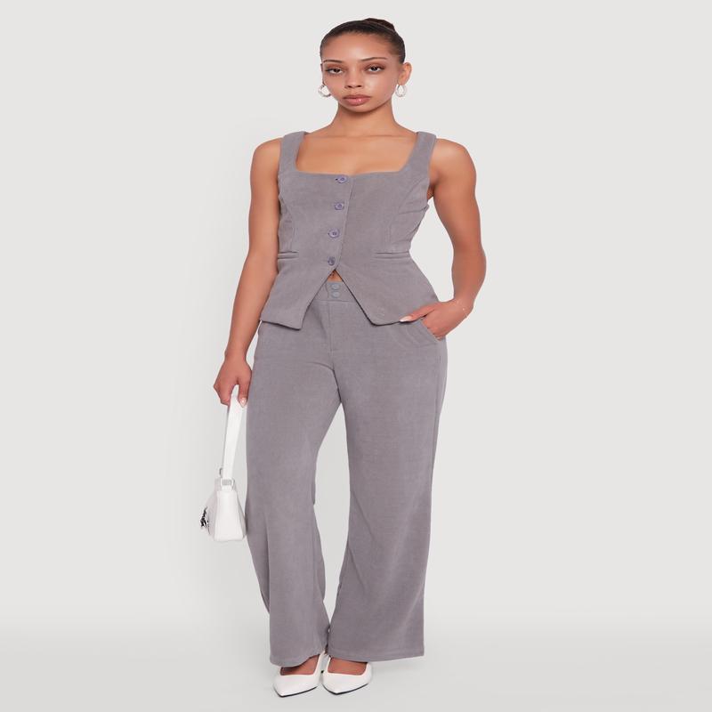 High Waisted Wide Leg Pants with Faux Buttons