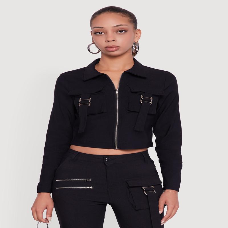 Hyper Stretch Cropped Zip Front Utility Jacket