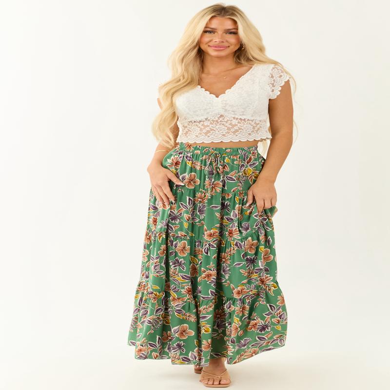 Jade Floral Print Tiered Flowy Maxi Skirt