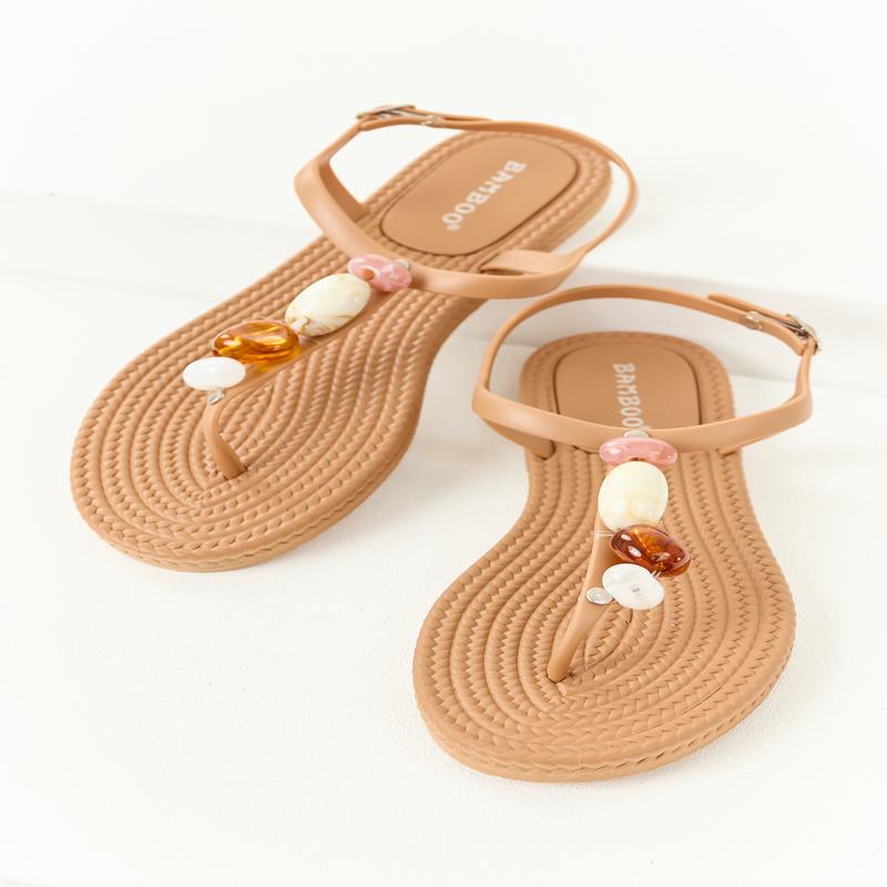 Latte Stone Embellished T-Strap Thong Sandals