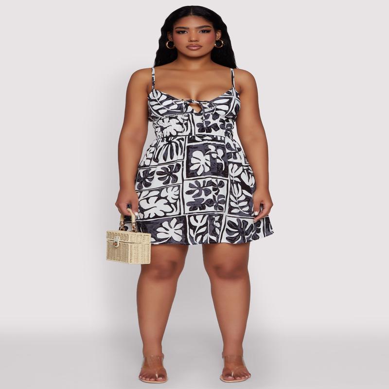 Leaf Print Tie Front Mini Dress