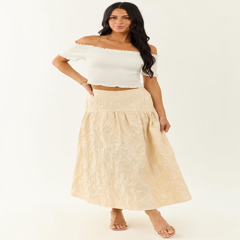 Lovelo Cream Raised Embroidery Maxi Skirt