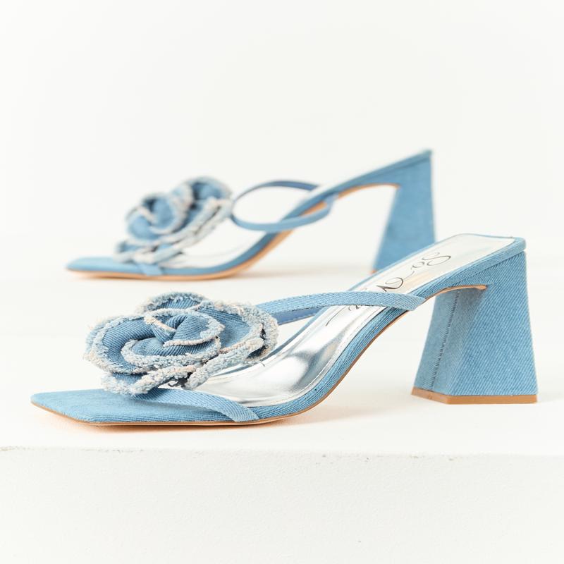 Medium Wash Denim Square Toe Flower Strap Heels