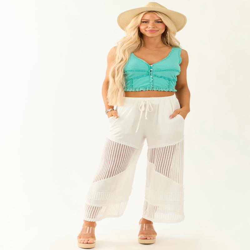 POL White Open Crochet Patchwork Wide Leg Pants