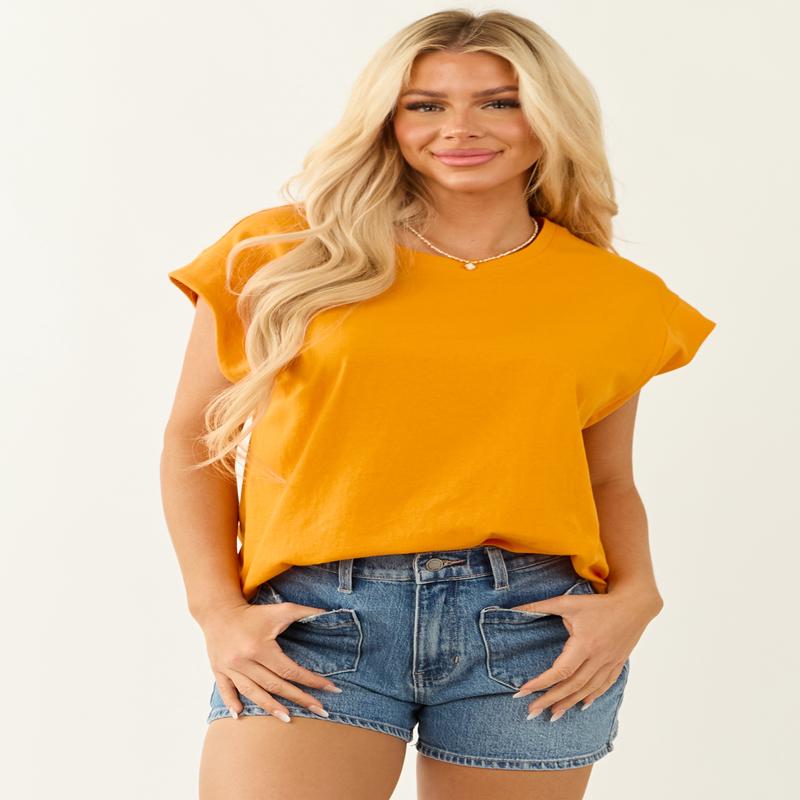 Tangerine Round Neck Relaxed Cap Sleeve Cotton Top